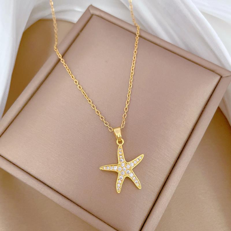 Fashion Simple Gold Color Starfish with Zircon Pendant Necklaces for Women Stainless Steel Chain Jewelry Accessories Gifts