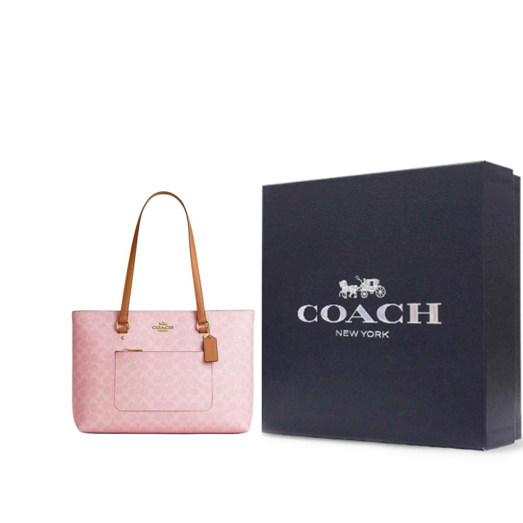 Coach Coated Canvas Tote Bag With Side Zipper Pocket Women Handbags Gold Pink CEA21-IMPO