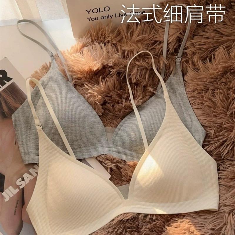 Women Thin Strap Deep V Backless Wireless Gathering Triangle Cup Bra