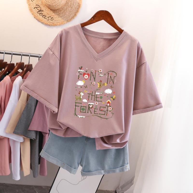 

Футболка з коротким рукавом, Вільного крою, Приталена футболка з V-подібним вирізом з принтом для жінок S темно-фіолетовий колір