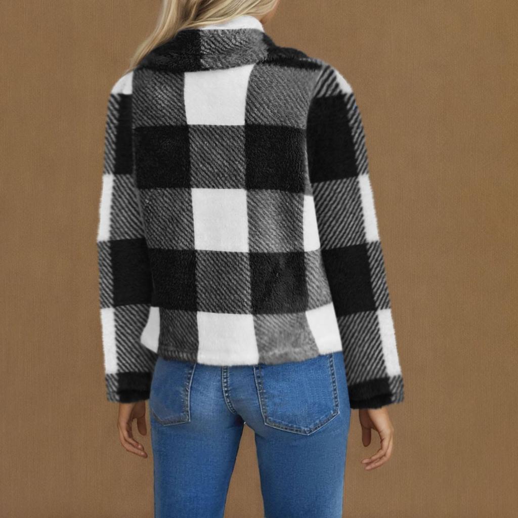 Ladies' Fashionable V Neck Long Sleeved Pocket Color Blocked Cardigan Flannel Warm Sleepwear Jacket