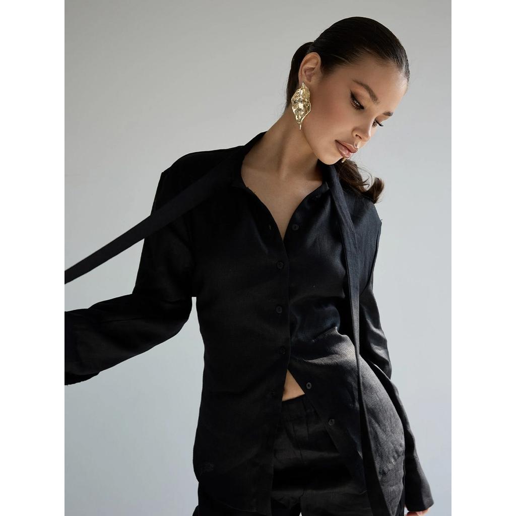 Women's  Fall New Pure Cotton Slim Tie Shirt, European & American Style Commuter Lace-Up Cardigan Top