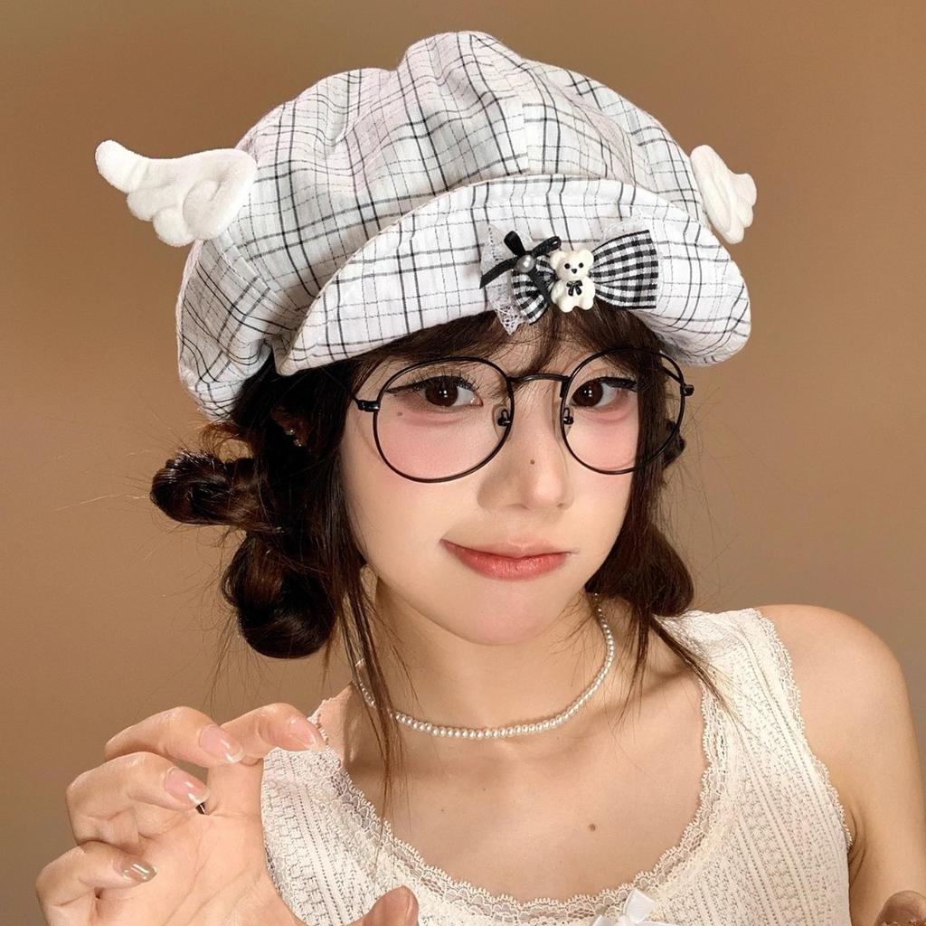 Japanese Cherry Plaid Patch Turned Brim Beret Children Spring and Summer Sweet Versatile Face Small Cloud Hat