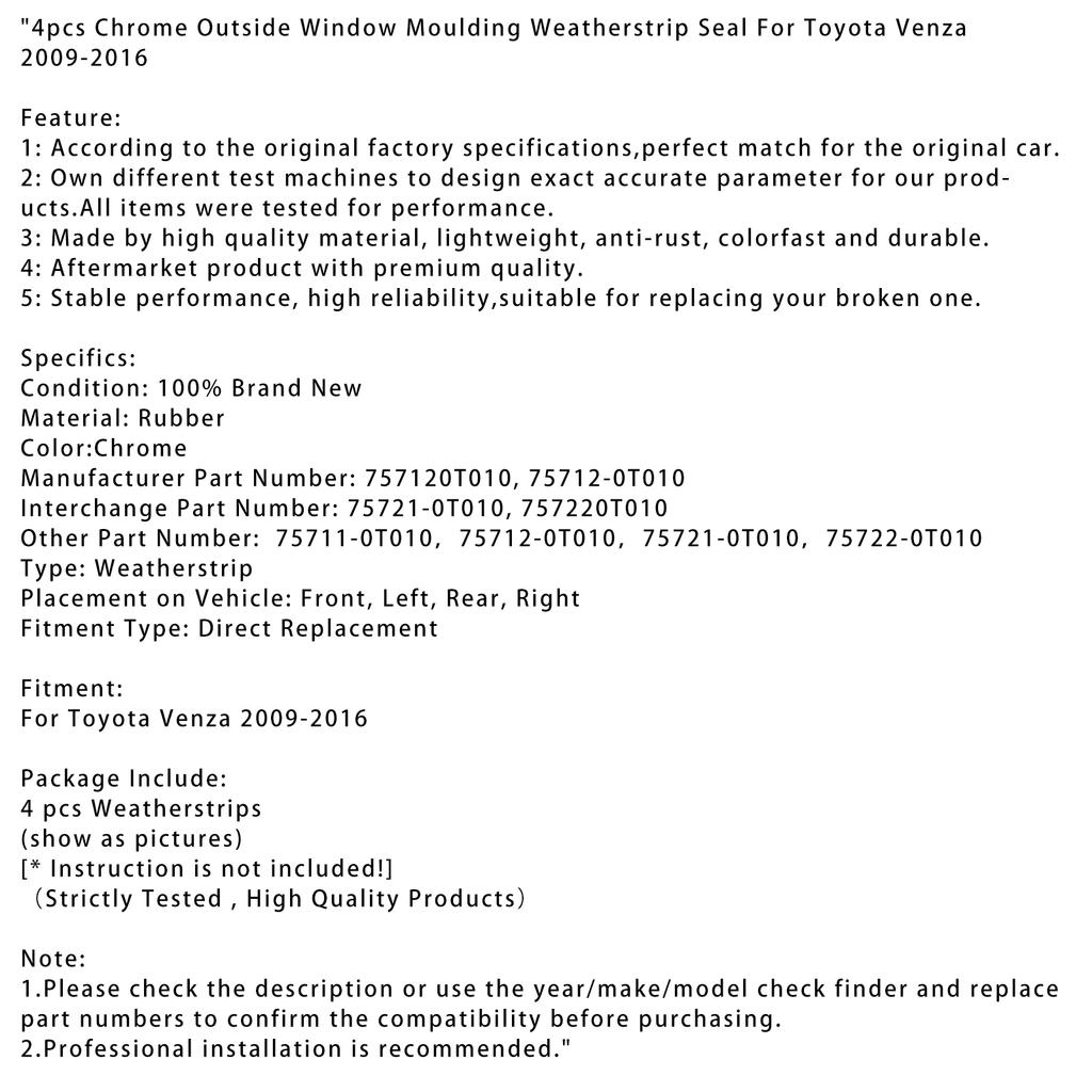 4pcs Chrome Outside Window Moulding Weatherstrip Seal For Toyota Venza 2009-2016