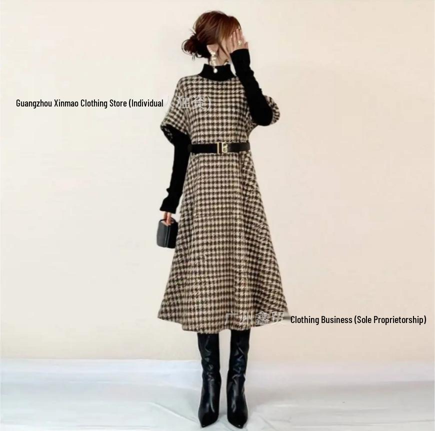 High-Neck Plaid Patchwork Long Dress: 2025 Autumn/Winter Slimming & Elegant Japanese Style. Large