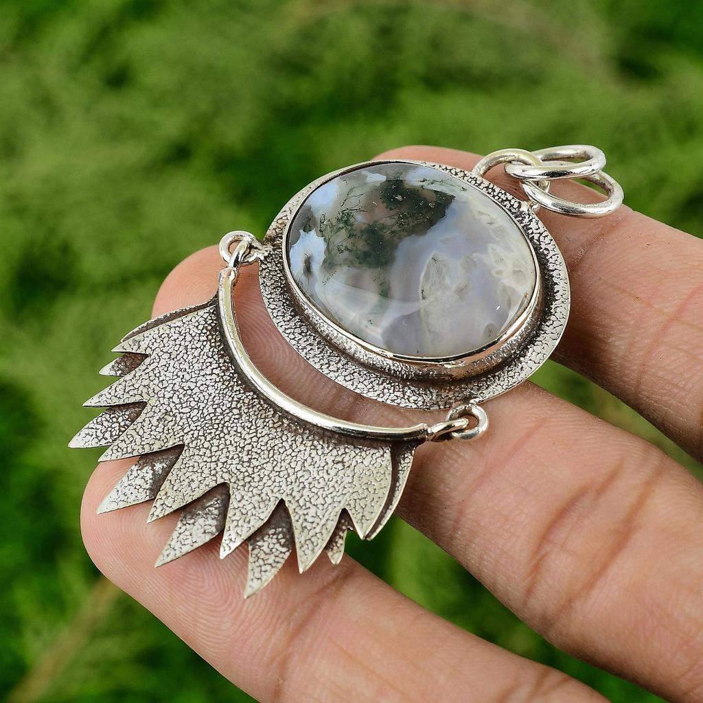 Daughters Day Deal 925 Silver Oval Solar Moss Agate Stone Bezel Pendant Jewelry