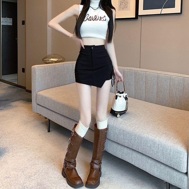 Black Irregular A-line Mini Skirt - Women's 2024 High-Waist Slimming Half Skirt