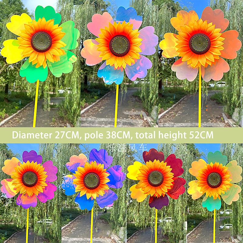 1 Set Outdoor Garden Decor Double Layered Sunflower Windmill Rotating Sunflower Wind Spinner Stake Standing Lawn Flower Pinwheel