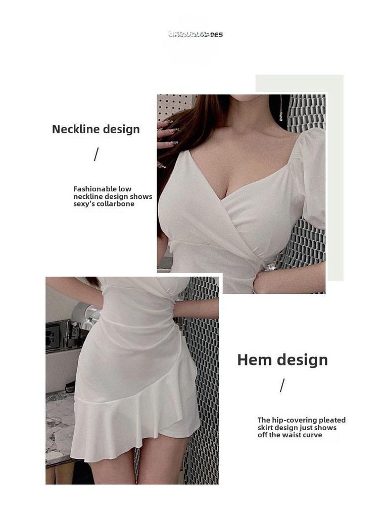 Rückenfreies Rüschenkleid für Damen im Sommer 2024 – Sexy Promi-V-Ausschnitt, kurzärmliger, enger Hüftrock