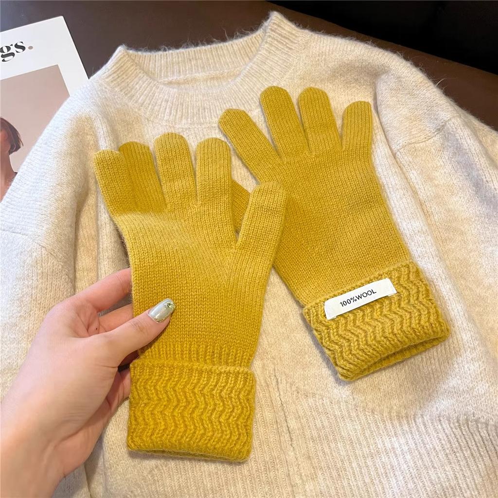 Australian Pure Wool Corrugated Set for Women Thickened Warm Fingerless Touch Screen Knitted Hand Gloves