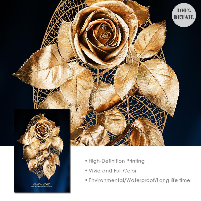 Folhas azuis douradas flor rosa nórdico cartaz moderno abstrato impressão da arte da lona pintura fotos de parede para sala estar decoração