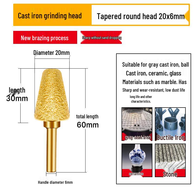 Diamond Brazed Carbide Grinding Head for Ductile Iron & Stone, Compatible with Electric Drills
