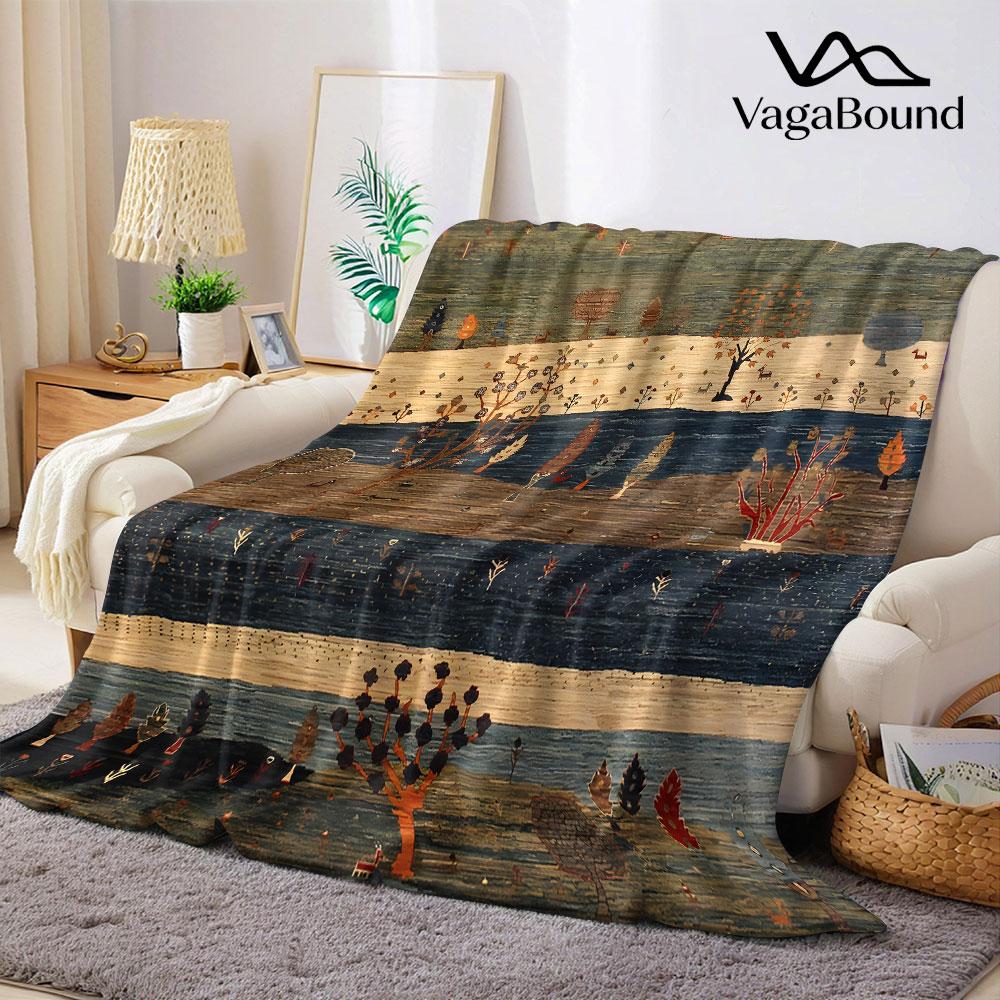 Retro Folk Mountain Forest Printed Blanket Suitable for Sofas Beds Offices Travel Camping Chairs Warm Plush Blanket