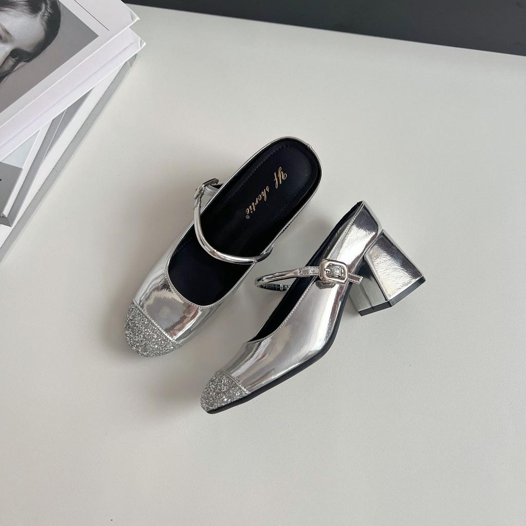 Inner height-increasing women's shoes sequined round head with slippers women's 2025 spring new temperament thick heel Mary Jane sandals