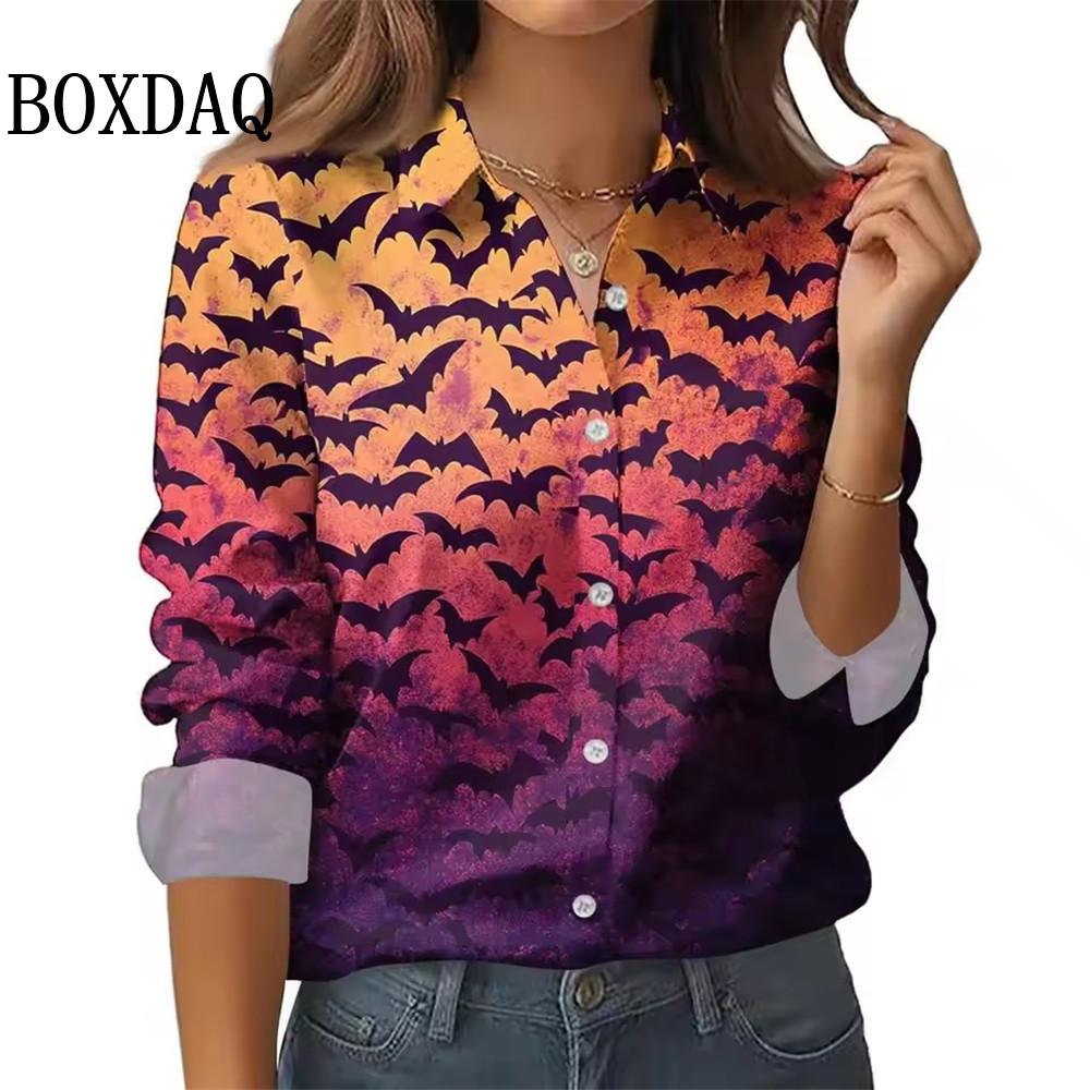 Neues 2025 Damen 3D-Druck Fledermaus Spinnennetz Langarmshirt Mode Halloween Party Lässig Täglich Revers Damen Langarmshirts