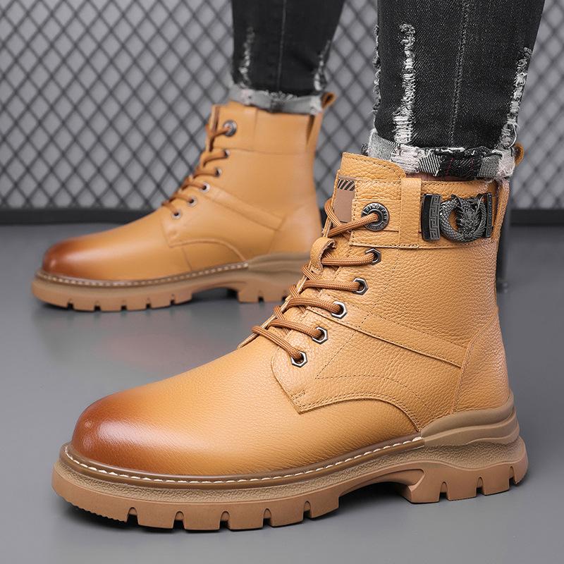 Fashion Cow Leather Winter Warm Wool Platform Boots for Men Fashion Casual Metal Designer High Top Work Shoes Male Black Ankle Boots