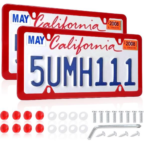 Black License Plate Frames, Stainless Steel, Car License Plate Holder with Screw Caps, Rattle Proof Pad Front Back License Plate Cover