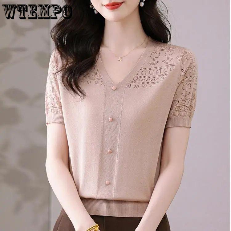 Summer Women's V-neck Knitted T-shirt Top T-shirt Solid Color Top