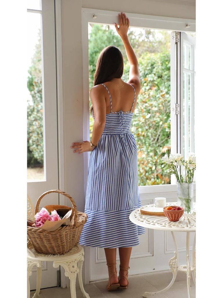 Dámské letní pruhované šaty s výstřihem do V a šlemi (2025)