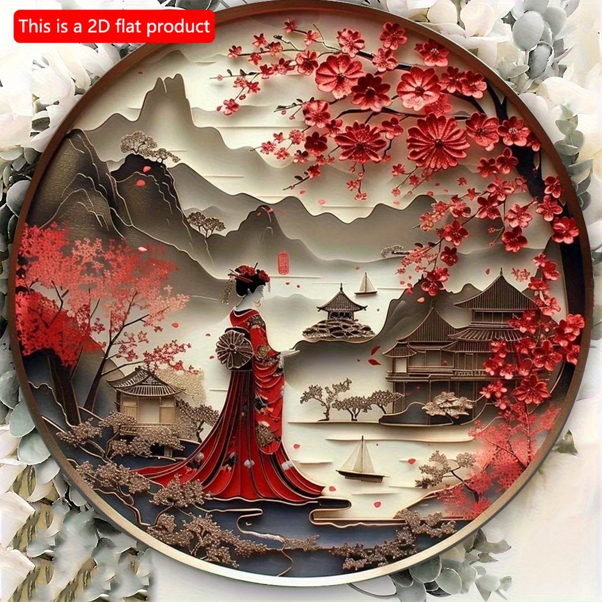 

2d Flat 20*20cm, Round Wooden Wall Painting Art Sign, Japanese Kimono Theme Wall Art for Dorms, for Home, Kitchen, Garden, Bedroom, Bar Decor. 20*20cm