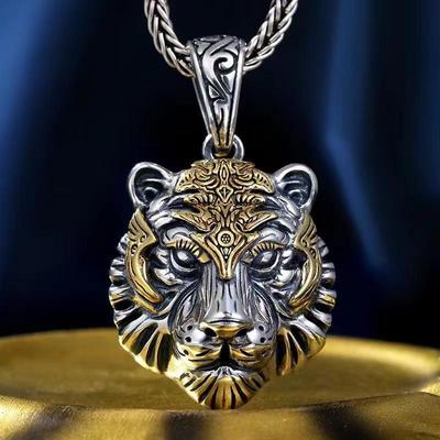 Abgenutzte Retro-Tierkreiszeichen-Tiger-Anhänger-Halskette in Imitation Thai-Silber - Hip-Hop-Stil für Herren
