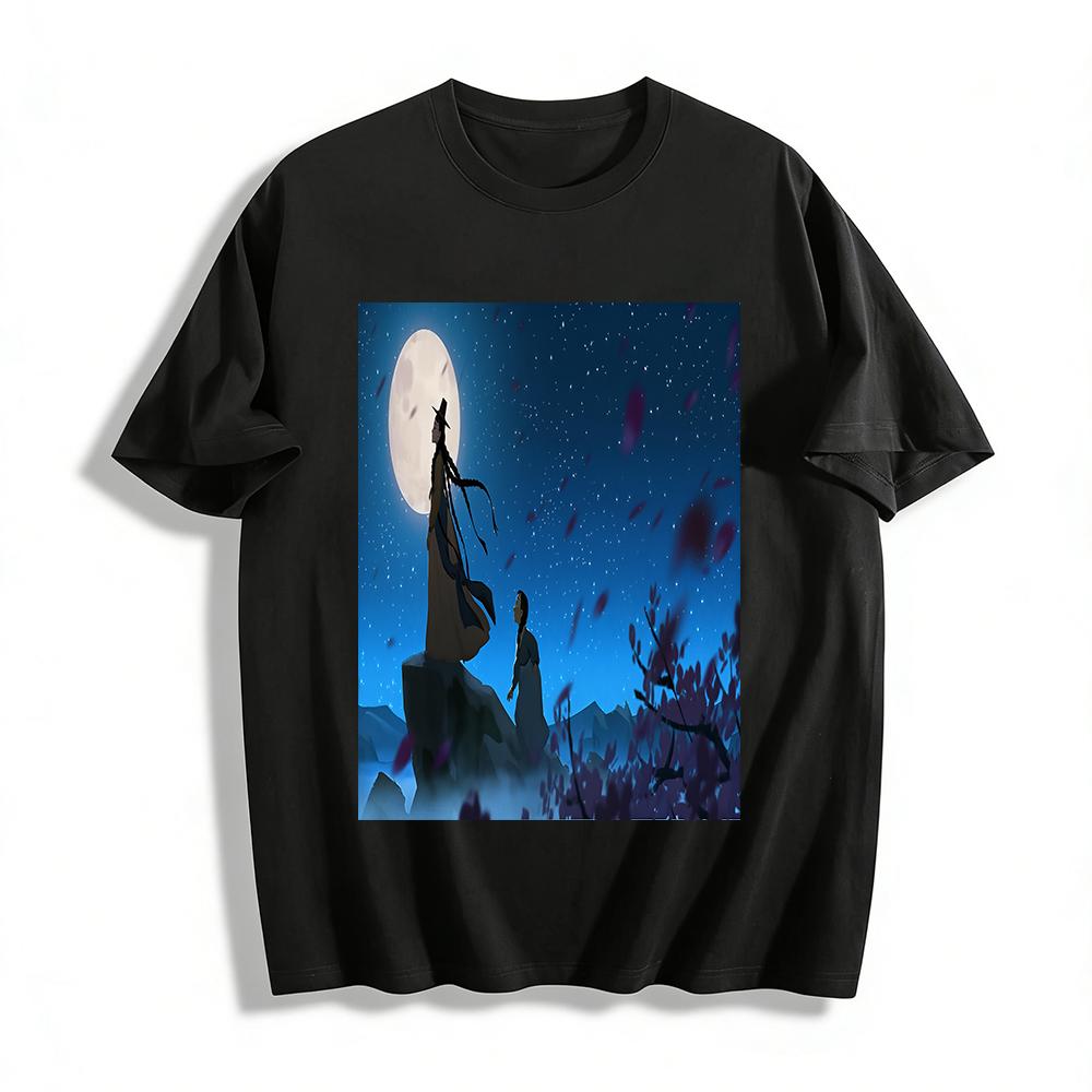 

Ancient Style Moonlit Night Master and Apprentice Looking at Moon Printed Chinese Style Top Pure cotton T-shirt XXS