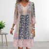Bohemian Vacation Dress Floral Print Lace Patchwork V Neck Three Quarter Sleeves Loose Knee Length Midi Dress Retro Hollow Out Buttons Women