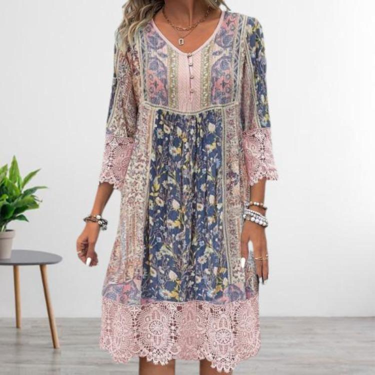 Bohemian Vacation Dress Floral Print Lace Patchwork V Neck Three Quarter Sleeves Loose Knee Length Midi Dress Retro Hollow Out Buttons Women