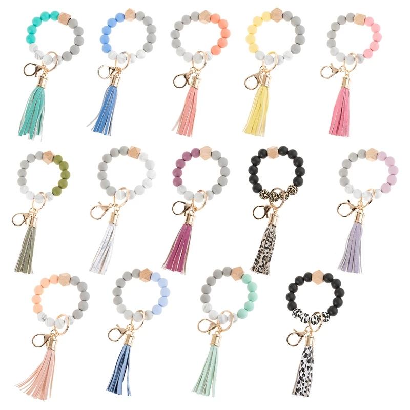 Stock Silicone Beads Elastic Bangle Bracelet Keychain Leather Tassel Silicone Beads Bracelet Wristlet Keychain for Women