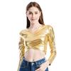 Women Club Top Short Waist-exposed Long Sleeve V Neck Smooth Glossy Faux Leather Pullover Slim Fit Soft Breathable Performance D