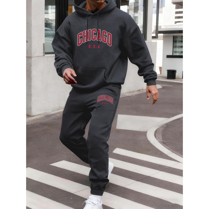 Men's Athletic 2-Piece Hoodie & Sweatpants Set - Letter Print Casual Wear