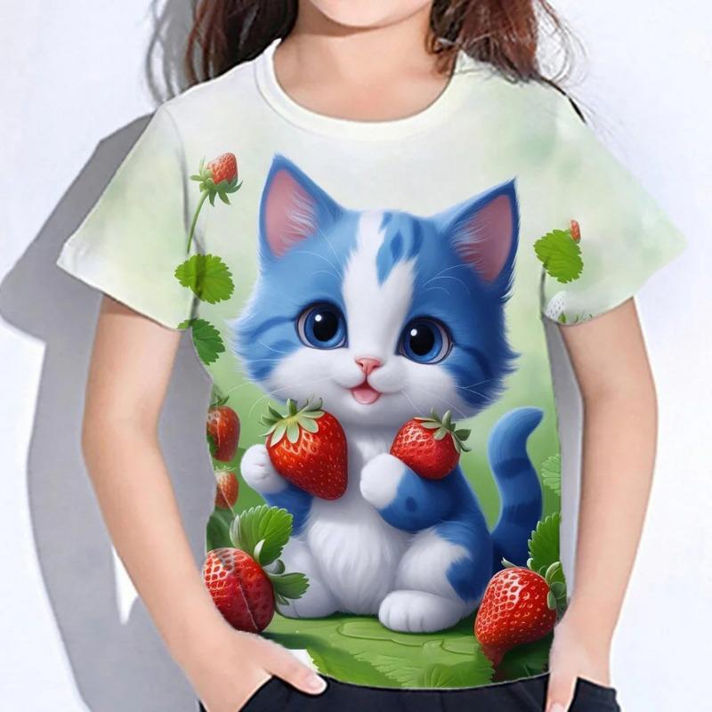 Children's Clothes 3d Print Kawaii Cat Pattern T Shirts Short Sleeve Tops 2026Kids Clothing Girls Boys Clothes 2 To 8 Years