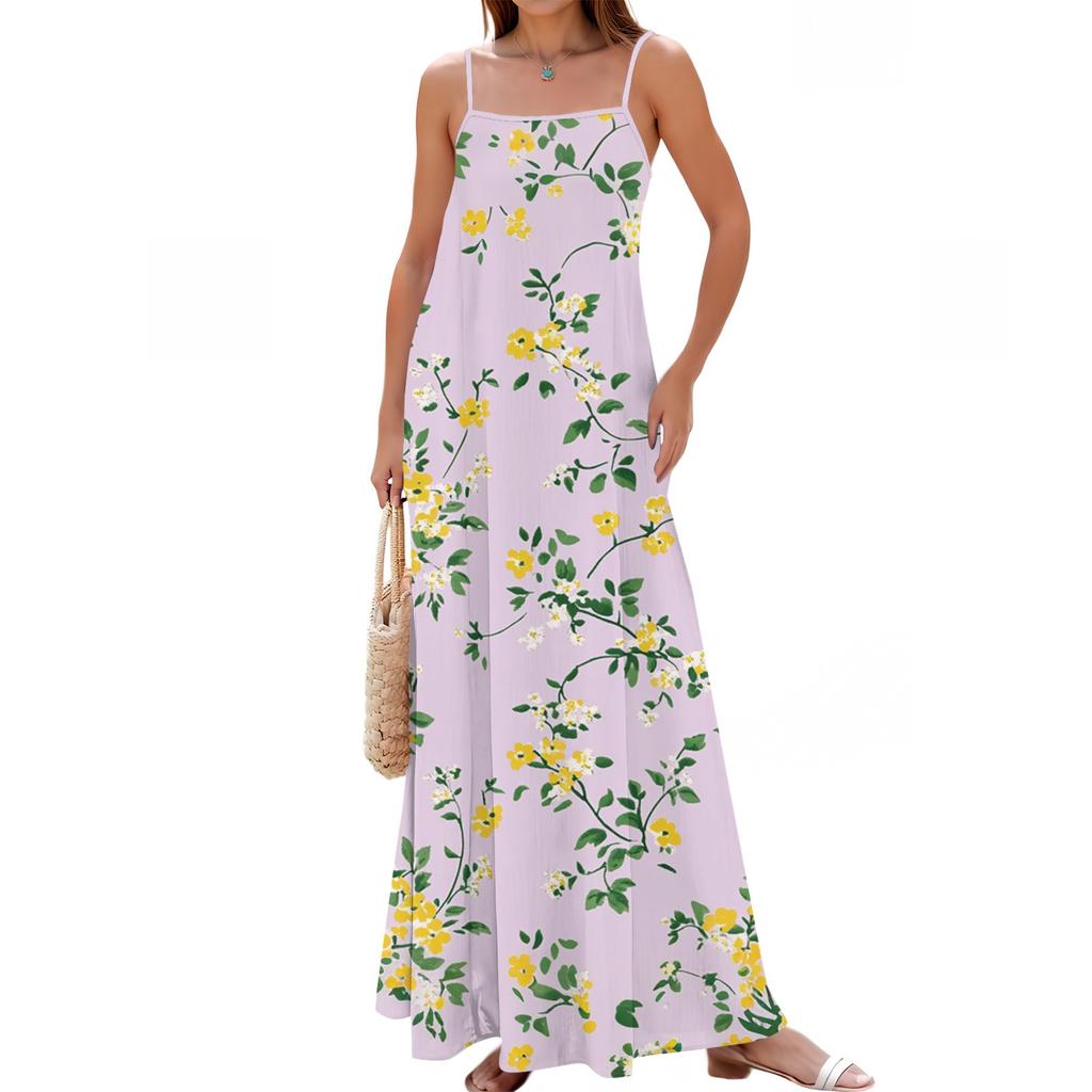 Women's Spring And Summer Casual Fashion Adjustable Suspender Printing Long Dress