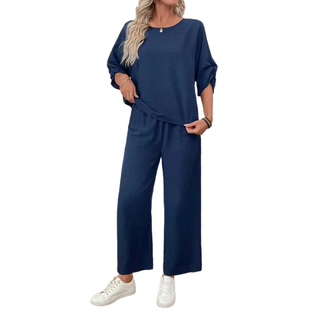 European & American Fashion 2025 Casual Set: Crew Neck Top + Vertical Wide-Leg Pants