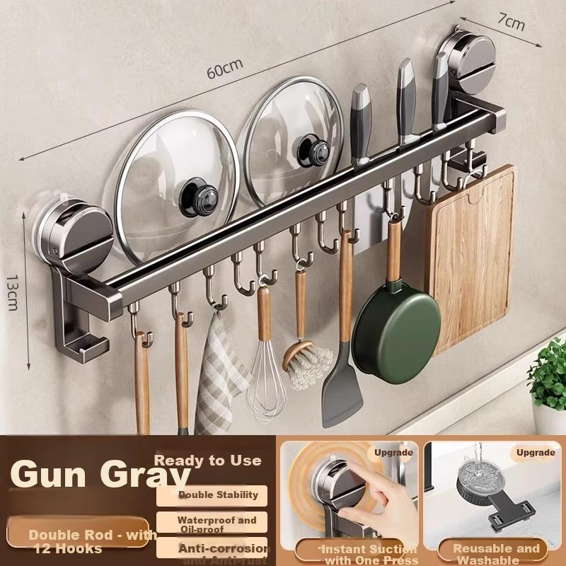 Suction Cup Kitchen Hooks, Multifunctional Storage Rack, No Drilling Required, Hanging Rod for Pot Lids, Spatulas, Knife Holder, Organizer Shelf