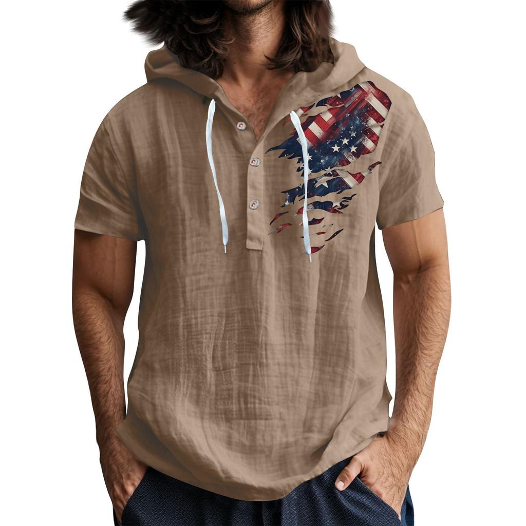 Men'S Casual Short Sleeved Hooded Top Buttoned Open Neck T-Shirt