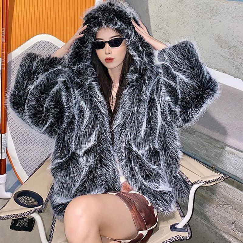 ew imitation fox fur hooded coat women's winter loose wool warm lamb wool coat