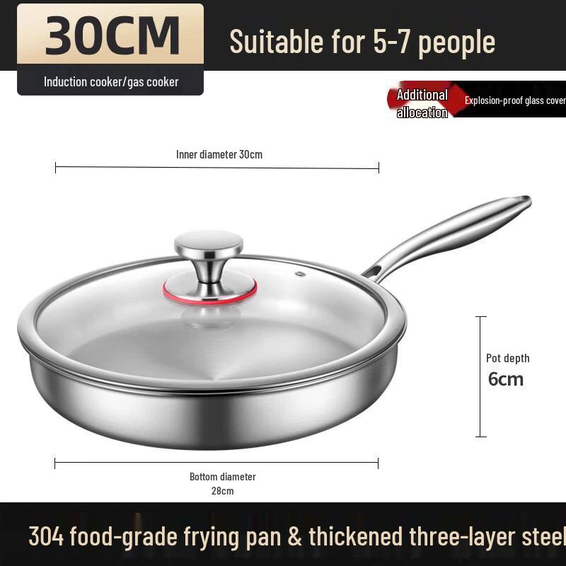 Zhishi 30CM 304 Stainless Steel Non-Stick Frying Pan with Lid