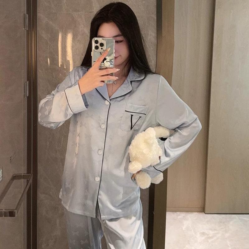 Japanese Simple Style Solid Color Summer Can Wear Long-Sleeved Trousers Lapel Loungewear Imitation Silk Pajamas