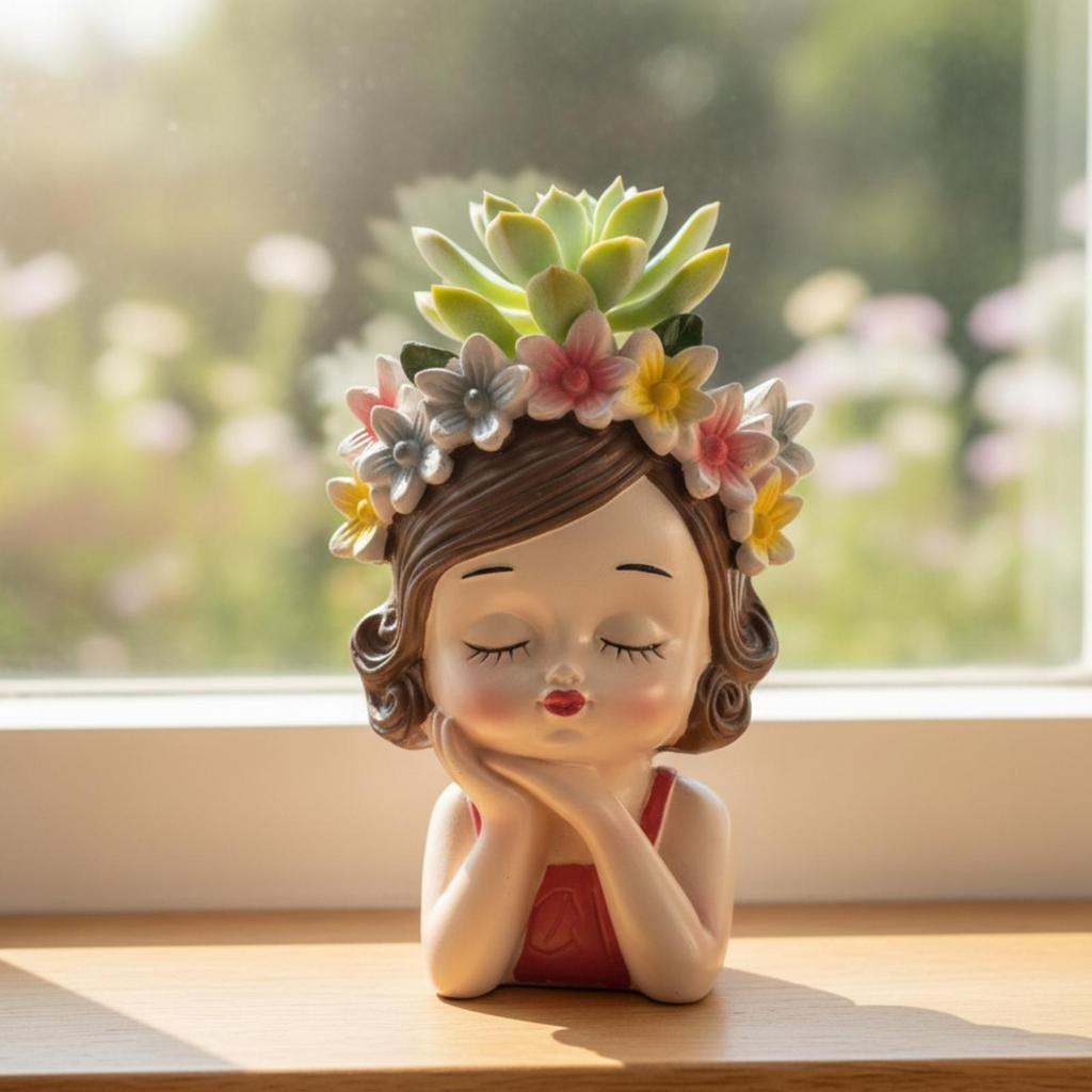 Girl Bust Flowerpot Indoor Head Planter Decorative with Flower Crown for Plant Lovers,