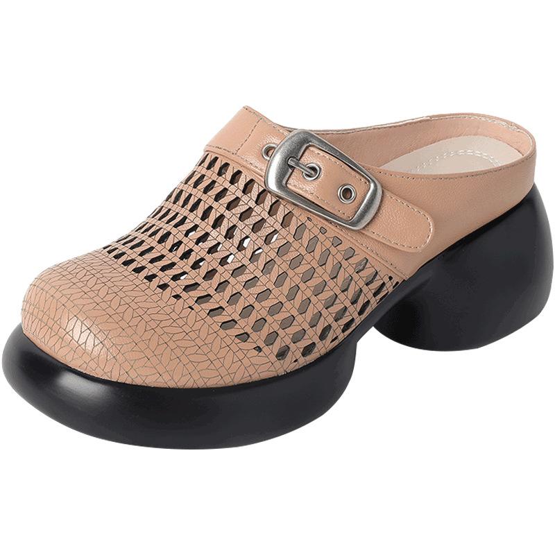 

Fashion GKTINOO Women s Mules Slippers 2025 Summer New High Heel Genuine Leather Closed Toe Women Sandals Hollow Female Shoes Large Size 41