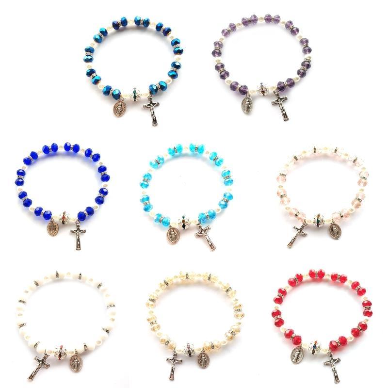Bransoletka z Krzyżem Kryształowa Elastyczna Koralikowa Rozciągliwa Bransoletka Różaniec z Krzyżem &M