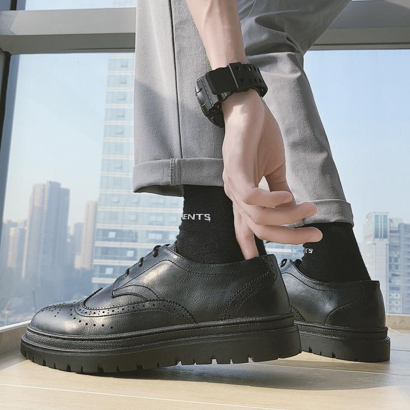 Autumn and winter sgs casual microfiber boutique solid color spot round head black low-top Brock trendy men's shoes