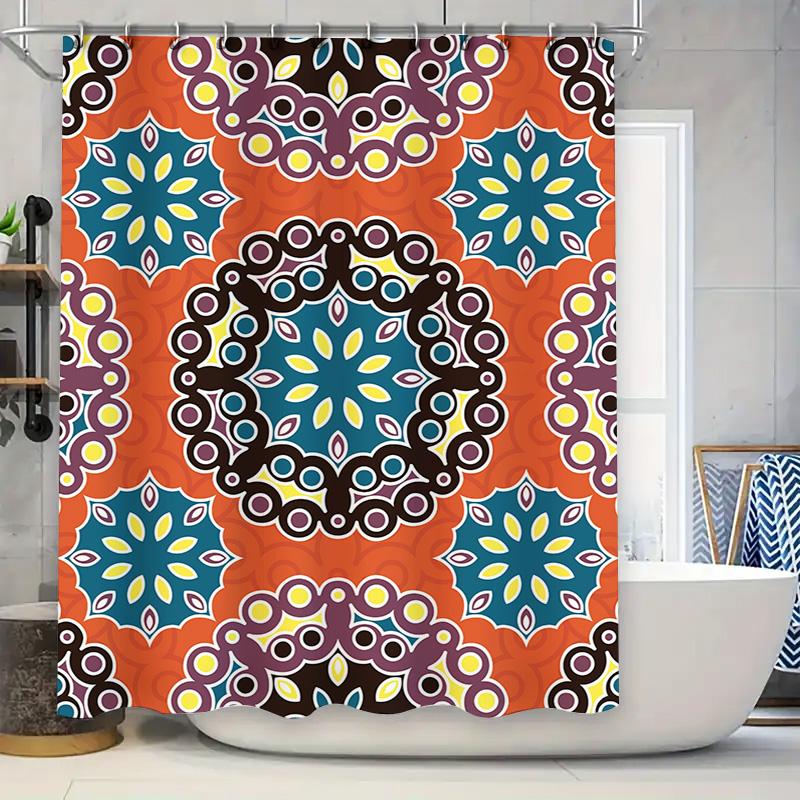 

Decorative Bath Shower Curtain Floral Mandala Design with Blue, Yellow Orange Colors Waterproof Fabric for Bathroom Decorations 90x180cm