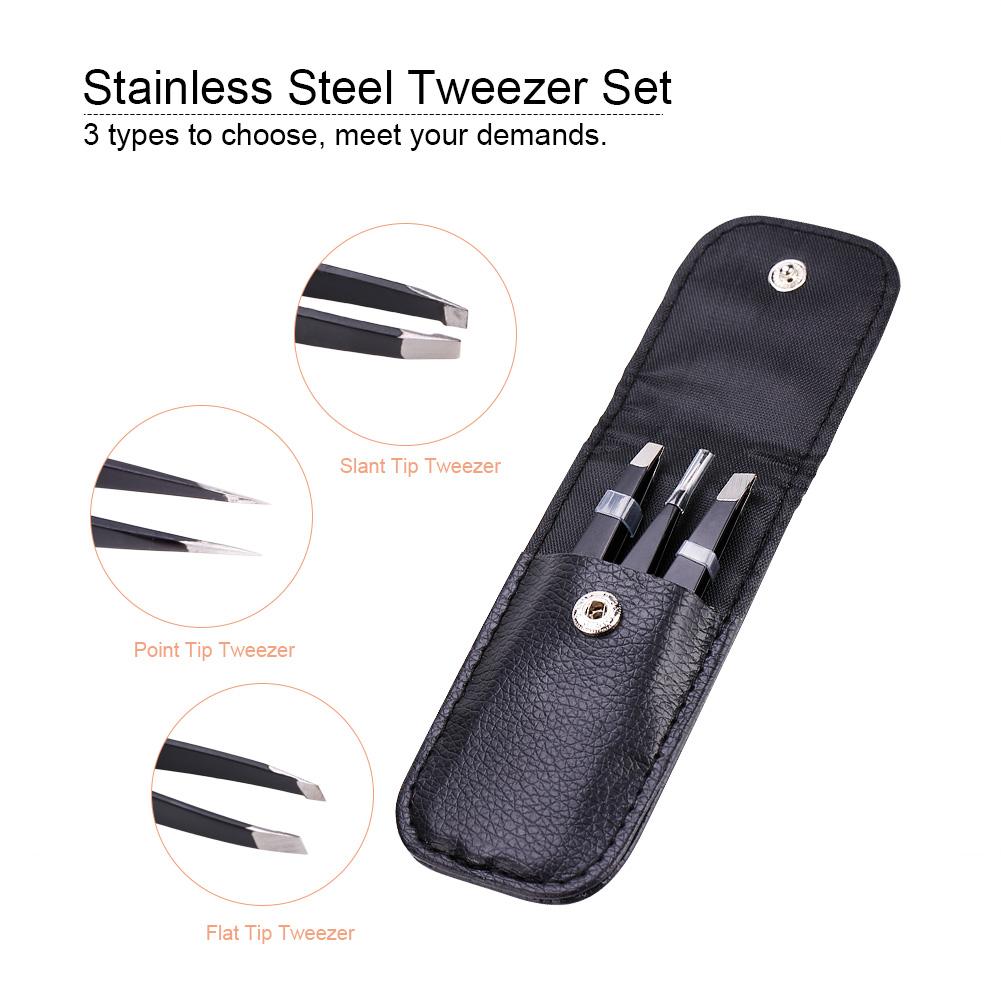 Black Stainless Steel Tweezer Set Flat Tip Point Tip Slant Tip Eyebrow Facial Hair Removal