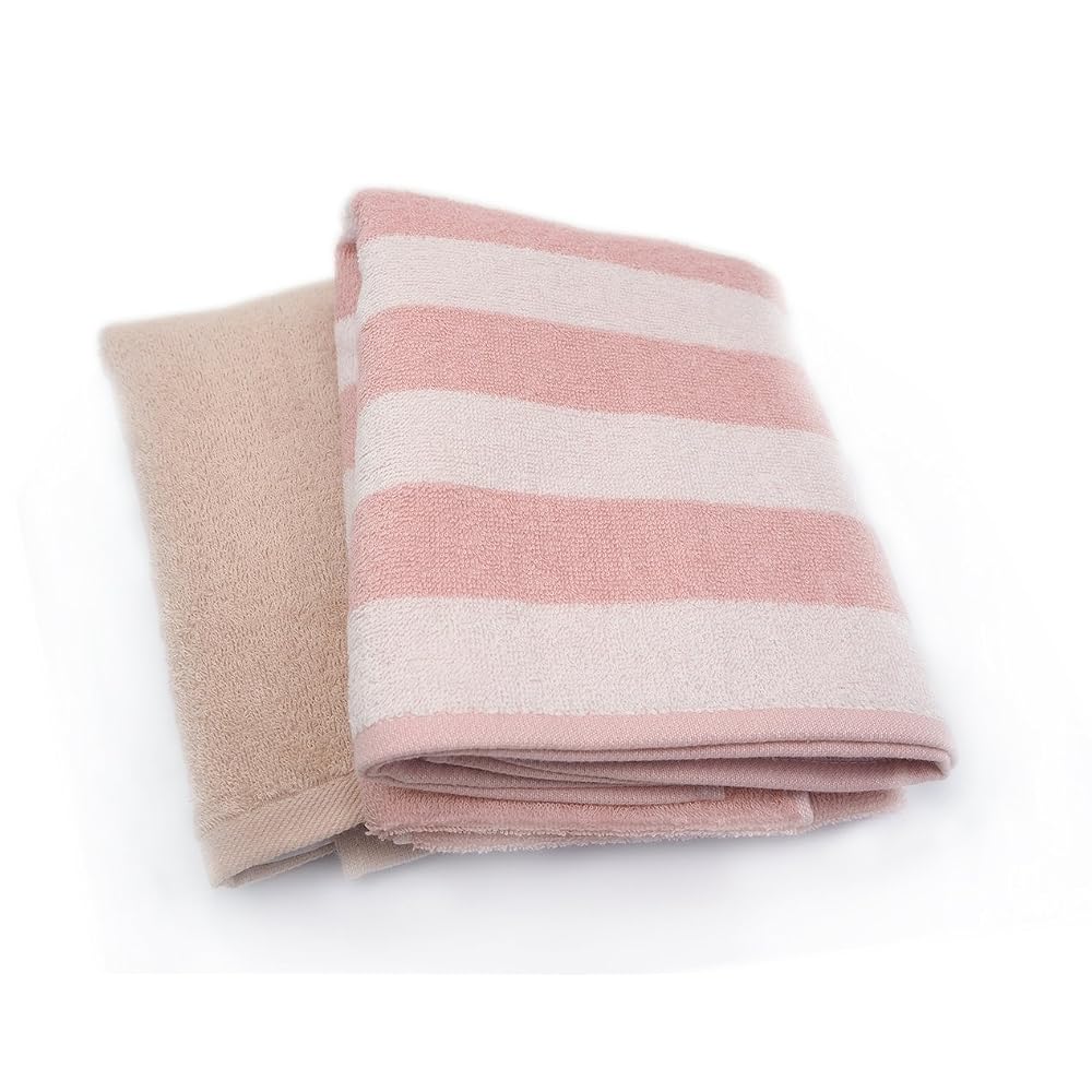 Kosugizen Mini Bath Towel, Bordered Pink, 50 x 100 cm, Small Size Bath Towel, Daily Use, Set of 2,