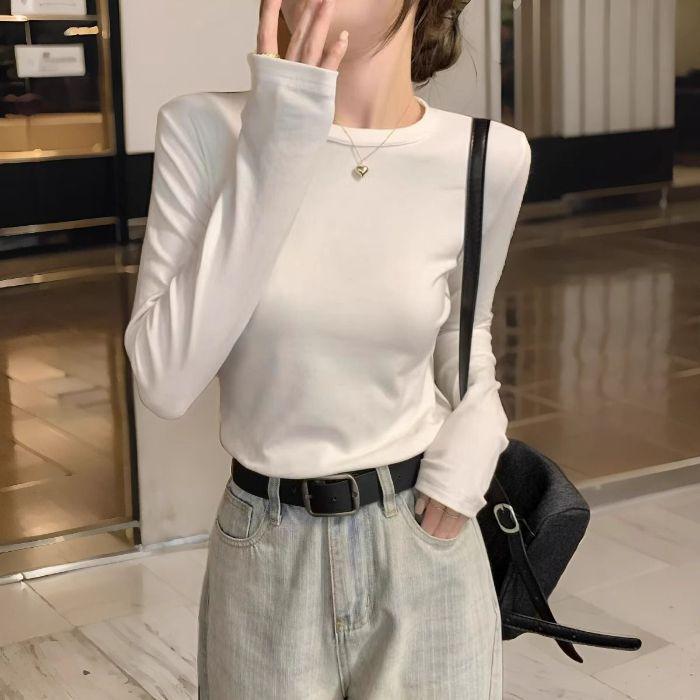 Women s Slim Fit Brushed Fleece Long Sleeve Round Neck Shirt - Korean Style Autumn/Winter XXL белый