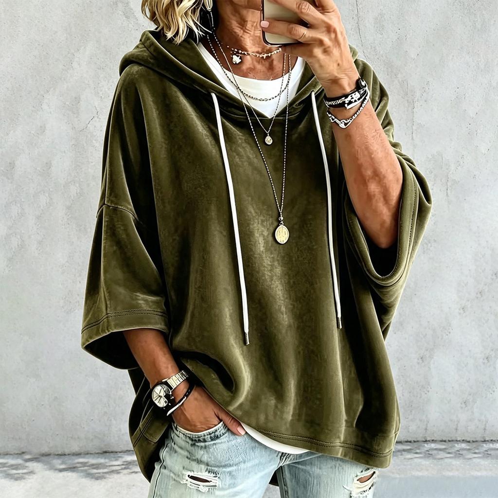 Women's Casual Velvet Hooded Pullover Top with and 3/4 Sleeves