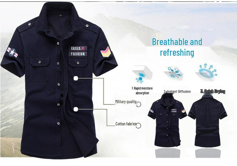 2019 Men's Plus Size Summer Outdoor Casual Cotton Workwear Shirt with Shoulder Epaulets