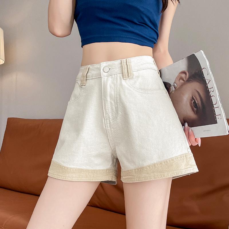 

Beige Color Block Elastic Cuffed High-Waisted A-Line Denim Shorts for Women Extra Large
